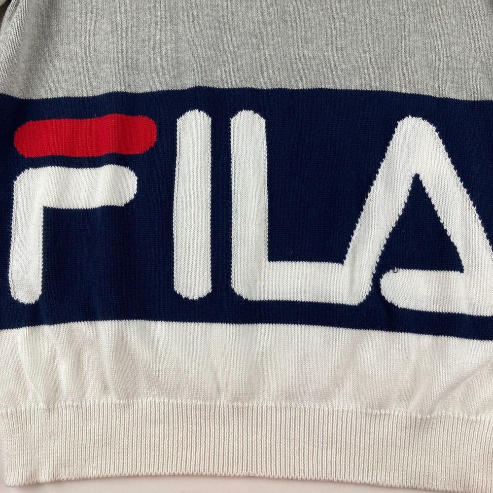 FILA Men’s Large Knit Sweater Big Logo Spellout Gray Navy White Cotton Retro